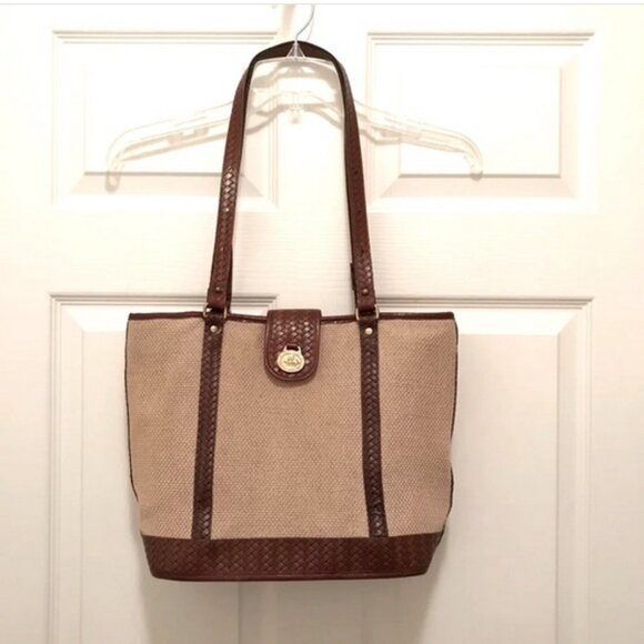 Vintage Brahmin Harbor khaki woven shoulder bag with brown leather trim handles - Picture 2 of 12